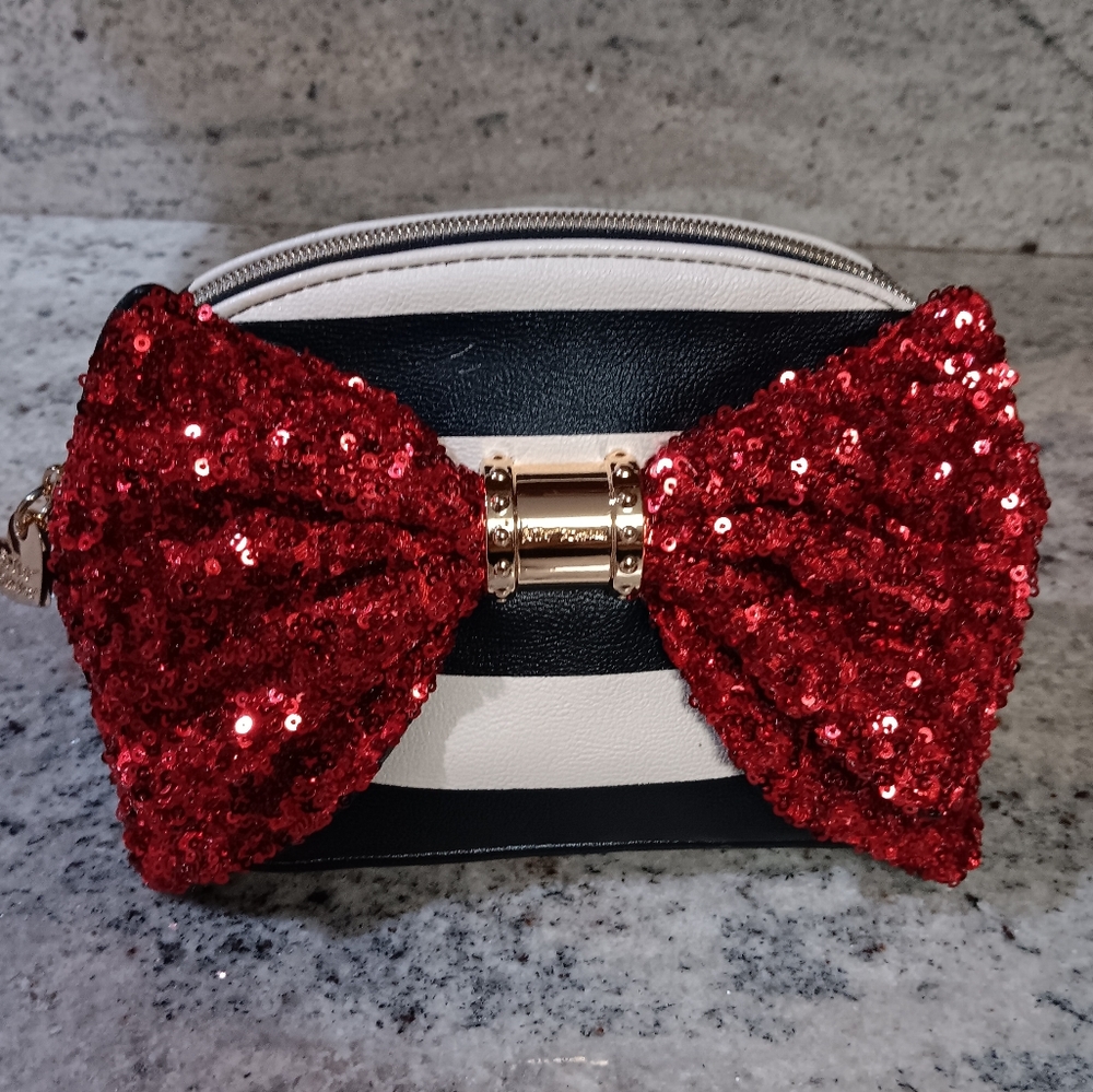 Betsey Johnson Oh Bow Red Sequin Black & Off White Stripe Clutch Purse